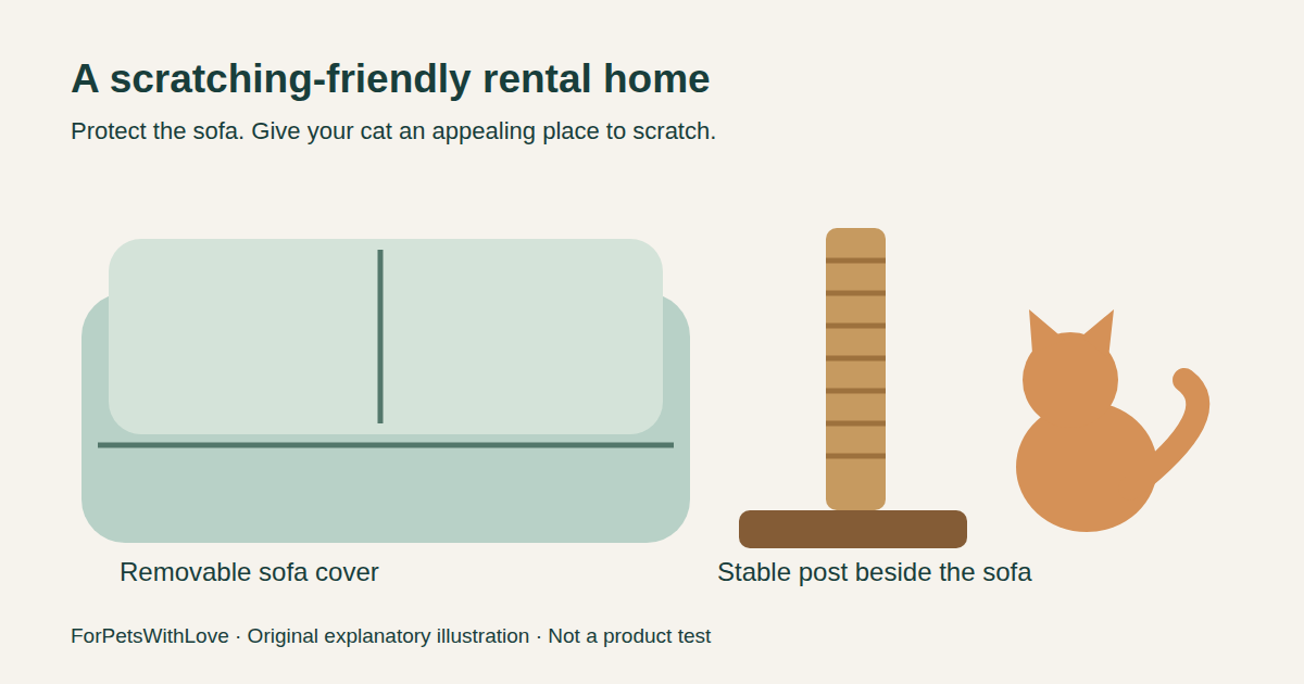 Illustration of a sofa with a scratching post placed beside it in a cat-friendly rental living room