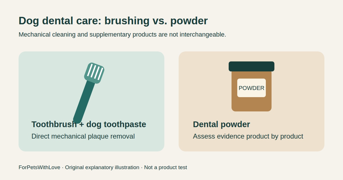 Illustration comparing a toothbrush for mechanical plaque removal with a supplementary dental powder
